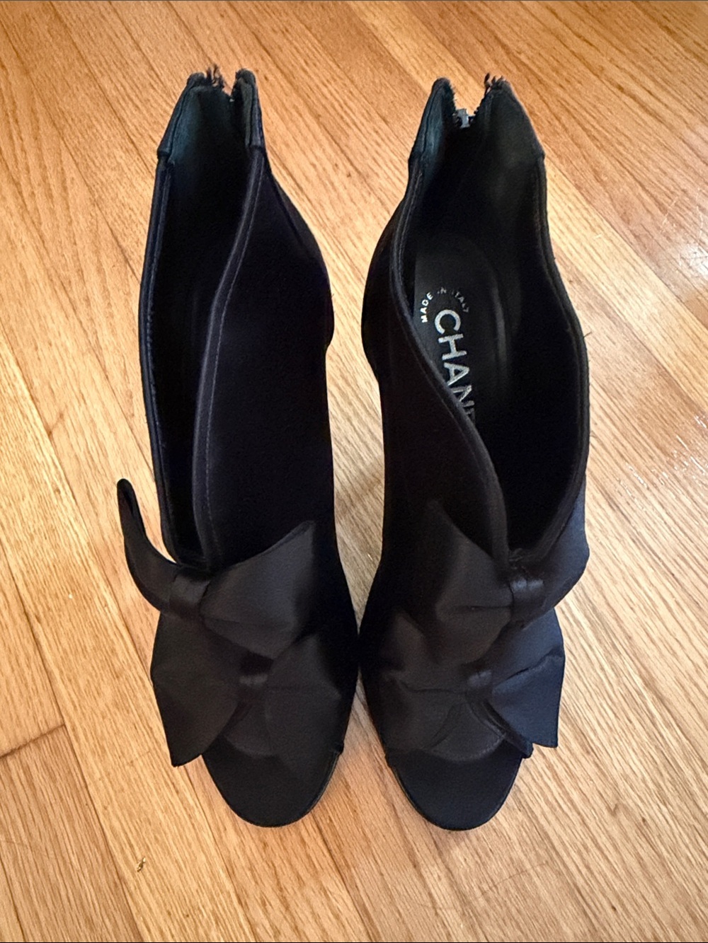 CHANEL Black Satin Peep-Toe Bow Ankle Booties